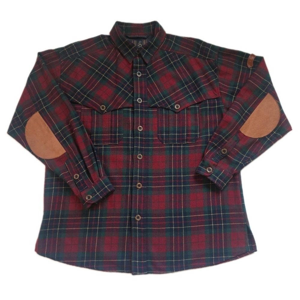 Vintage Sondre by Swix Wool Blend Plaid Flannel Shirt Size L Men's Suede Patch